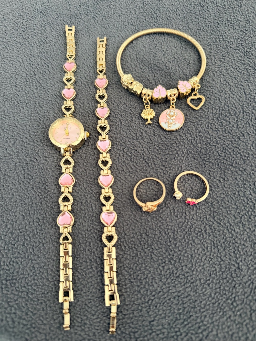 Gold-Tone Pink Heart Watch & Charm Bracelet Set